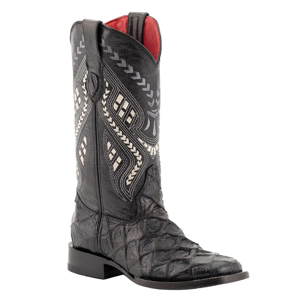 Bronco Pirarucu Print Embroidered Square Toe Cowboy Boots