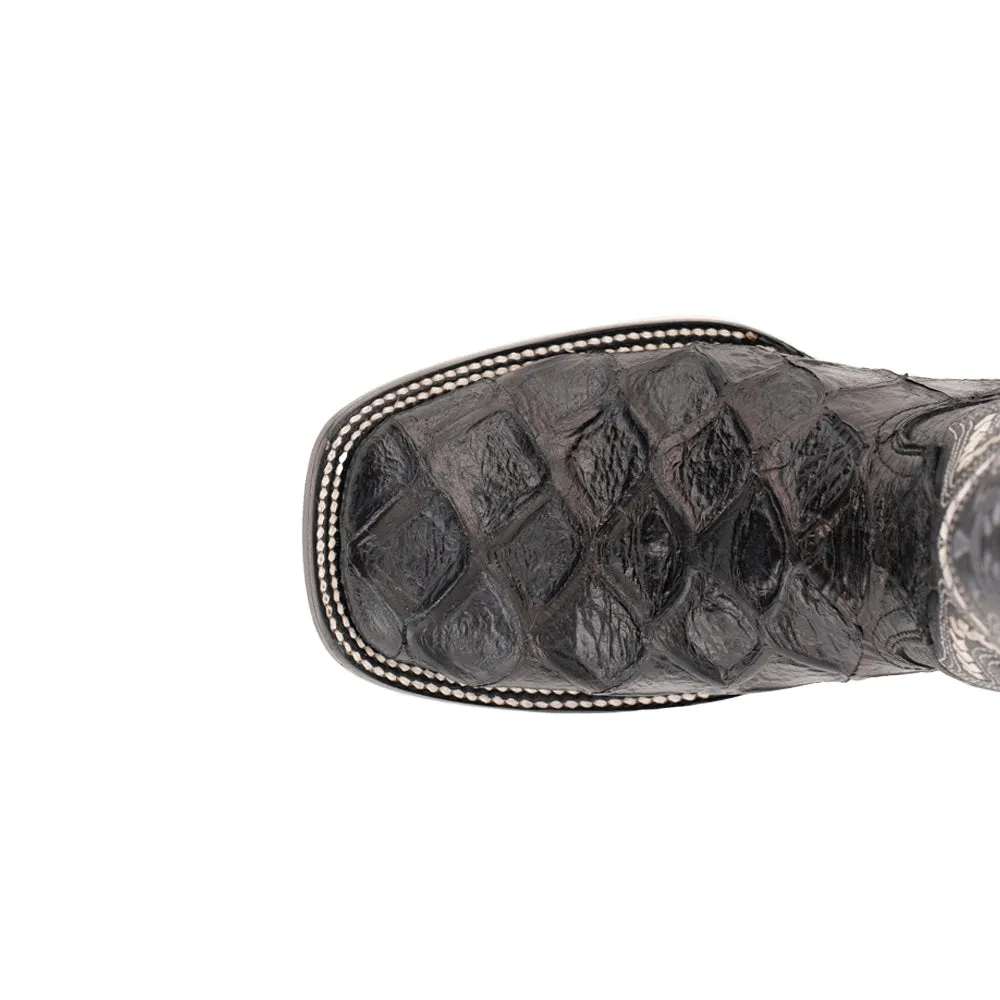 Bronco Pirarucu Print Embroidered Square Toe Cowboy Boots