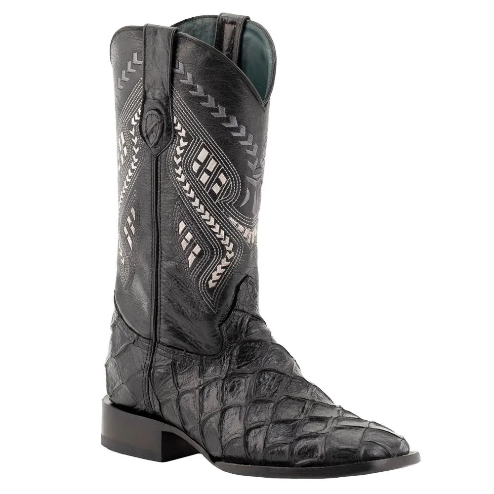 Bronco Pirarucu Print Embroidered Square Toe Cowboy Boots