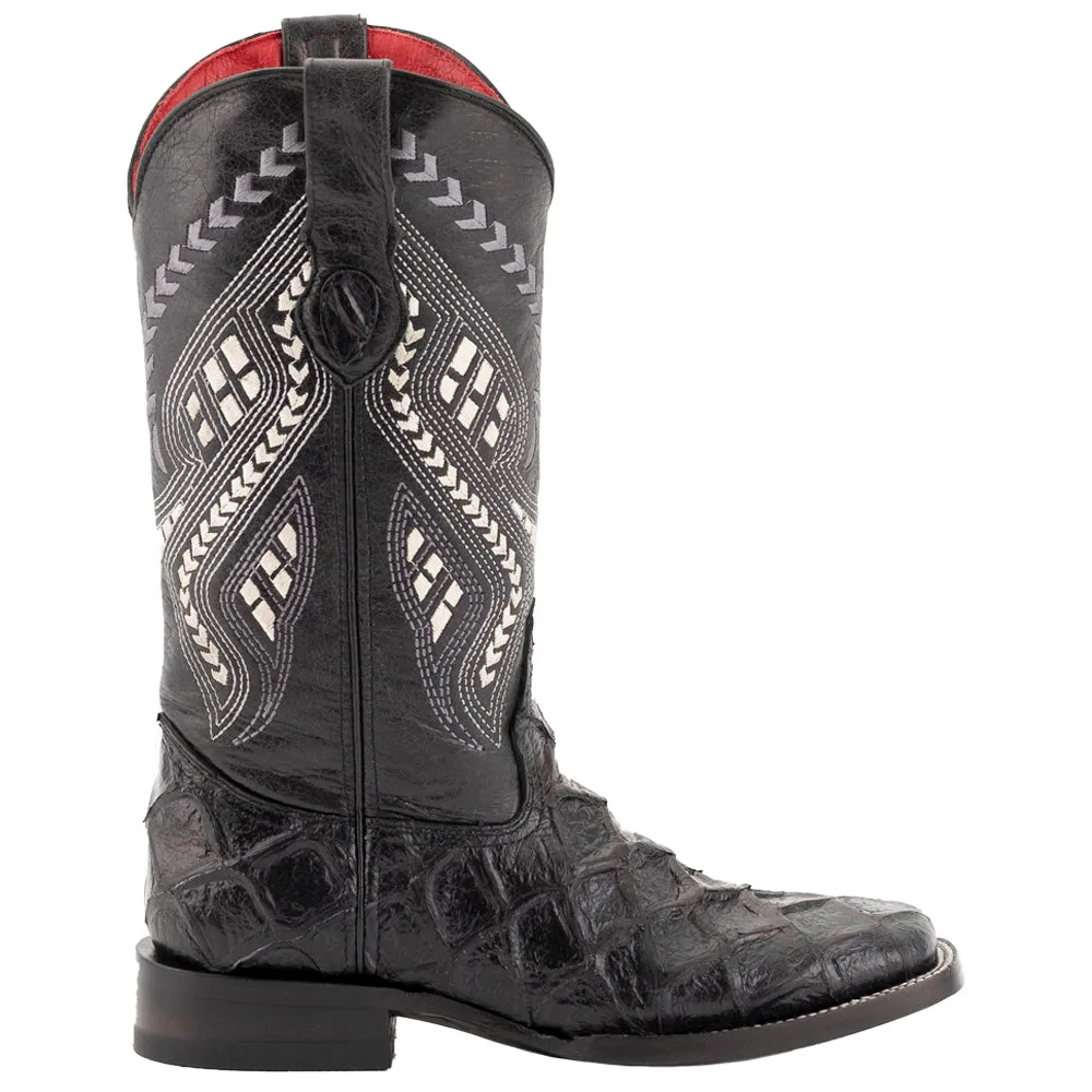 Bronco Pirarucu Print Embroidered Square Toe Cowboy Boots