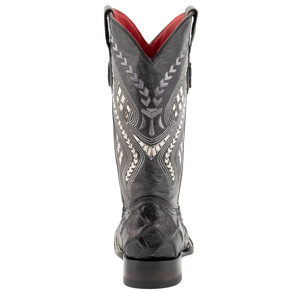 Bronco Pirarucu Print Embroidered Square Toe Cowboy Boots