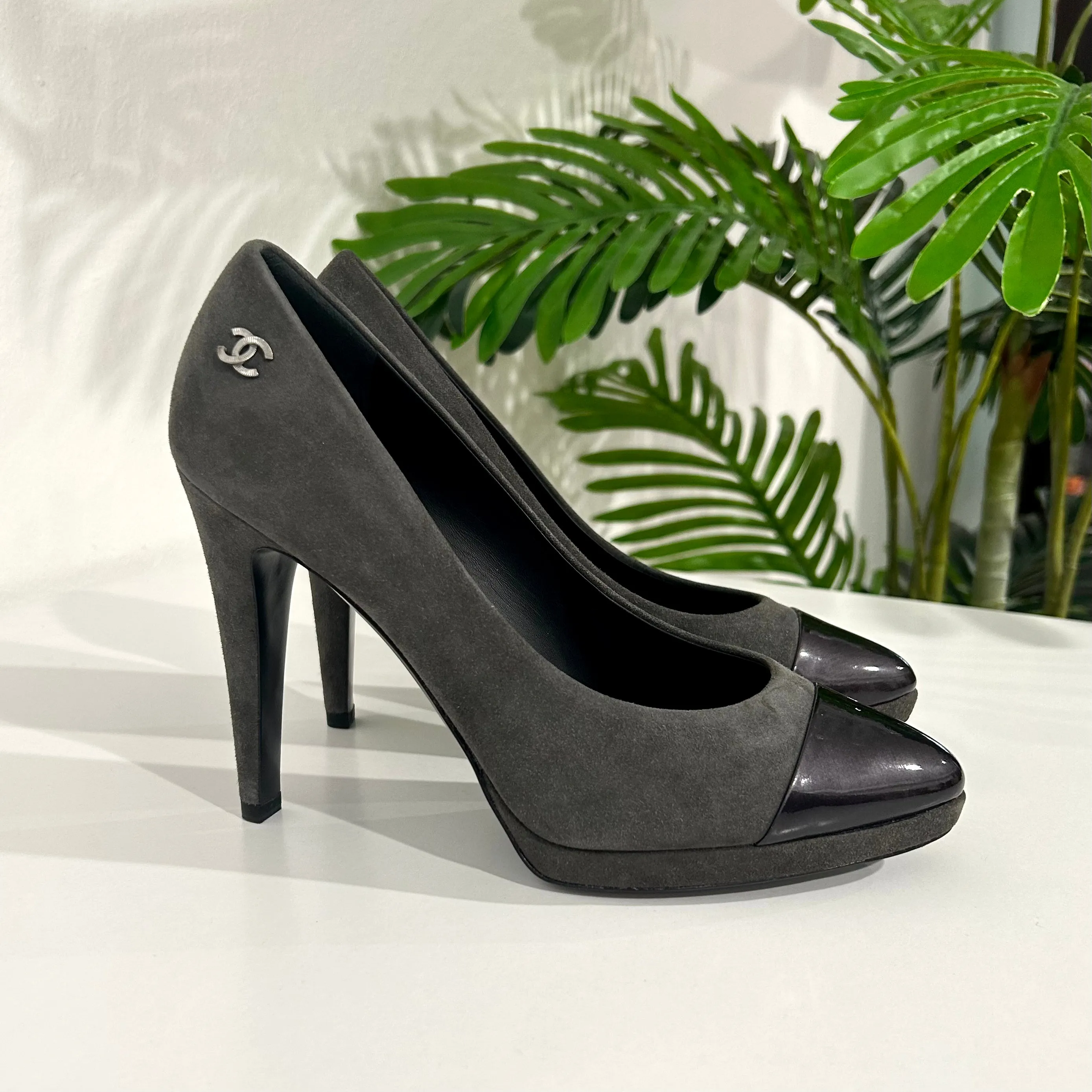 Chanel Grey Suede Platform Heels