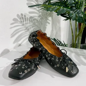 Chloe Grommet Black Leather Ballet Flats