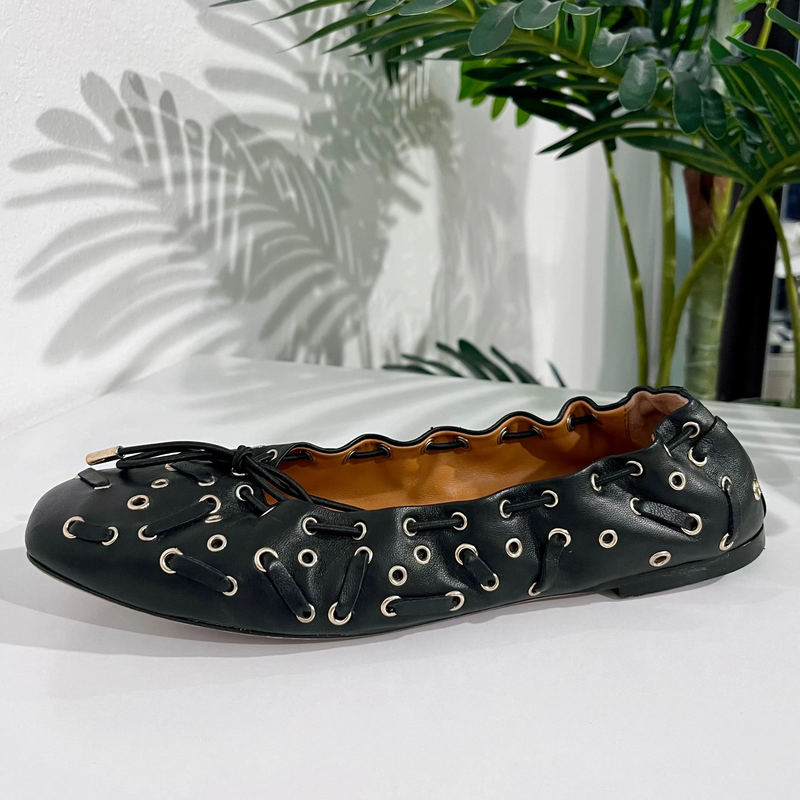 Chloe Grommet Black Leather Ballet Flats