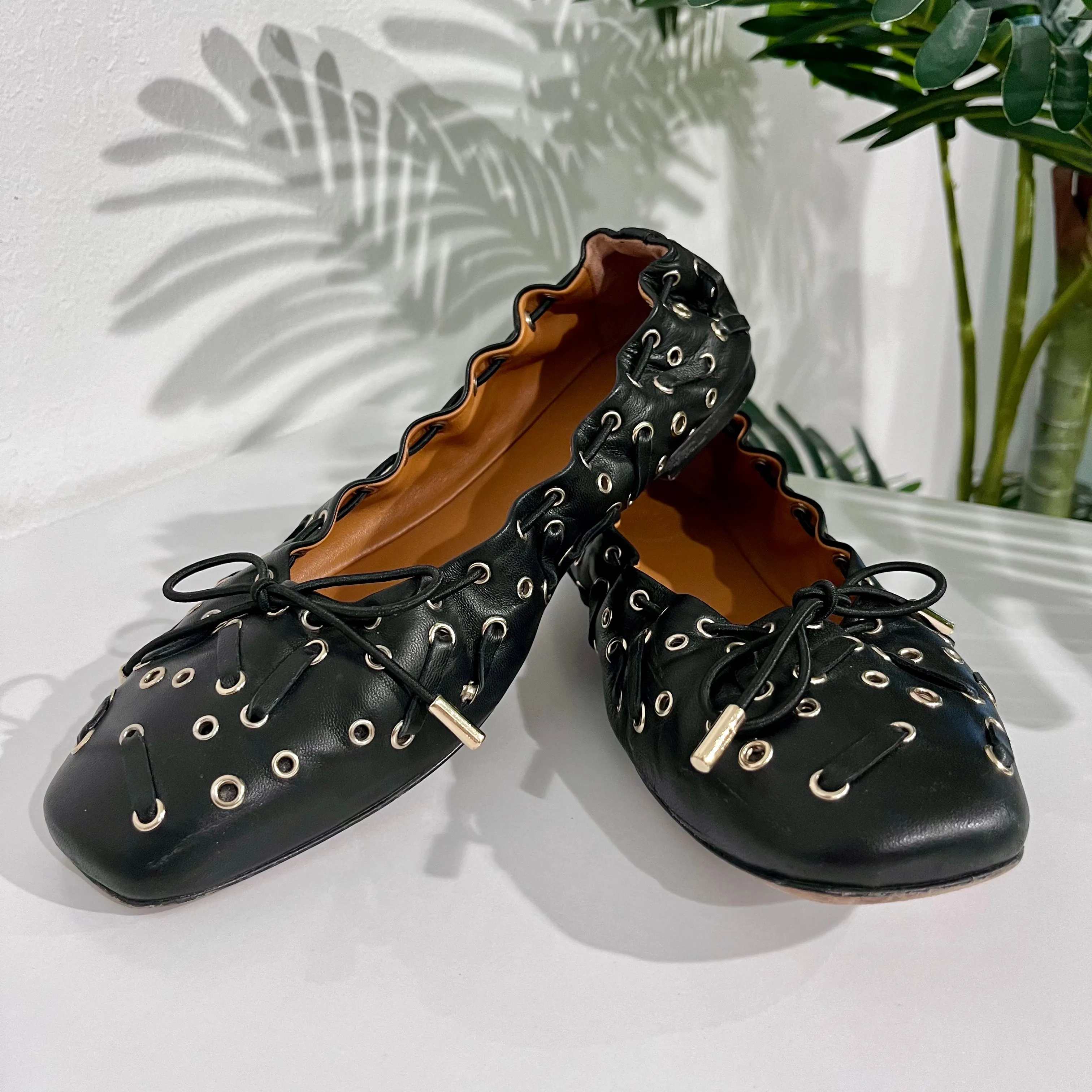 Chloe Grommet Black Leather Ballet Flats