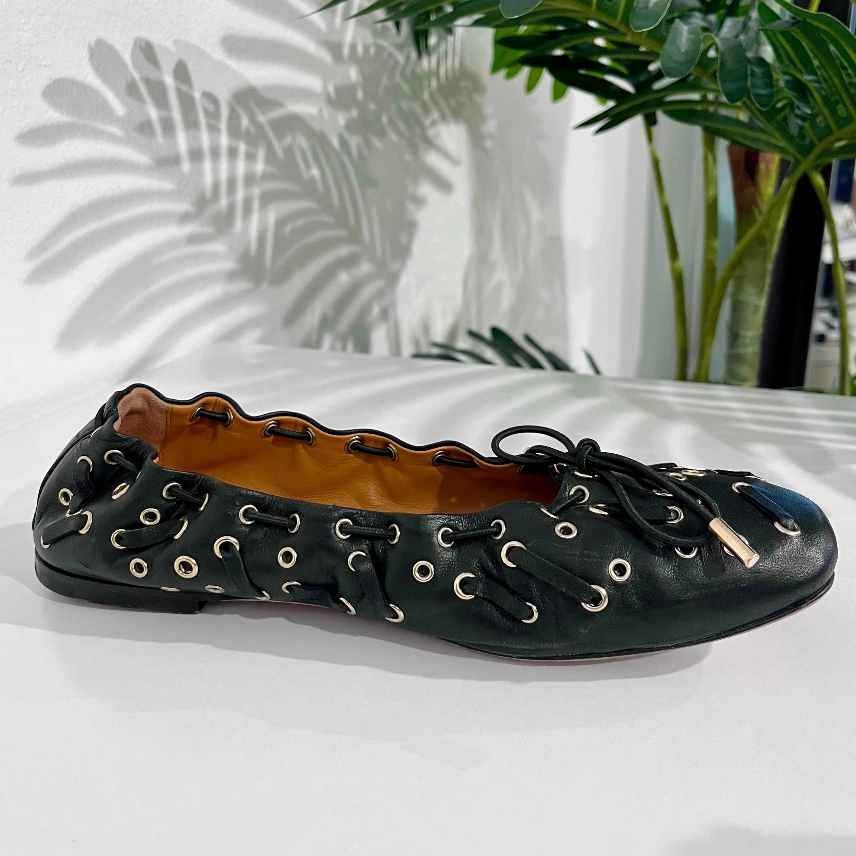 Chloe Grommet Black Leather Ballet Flats
