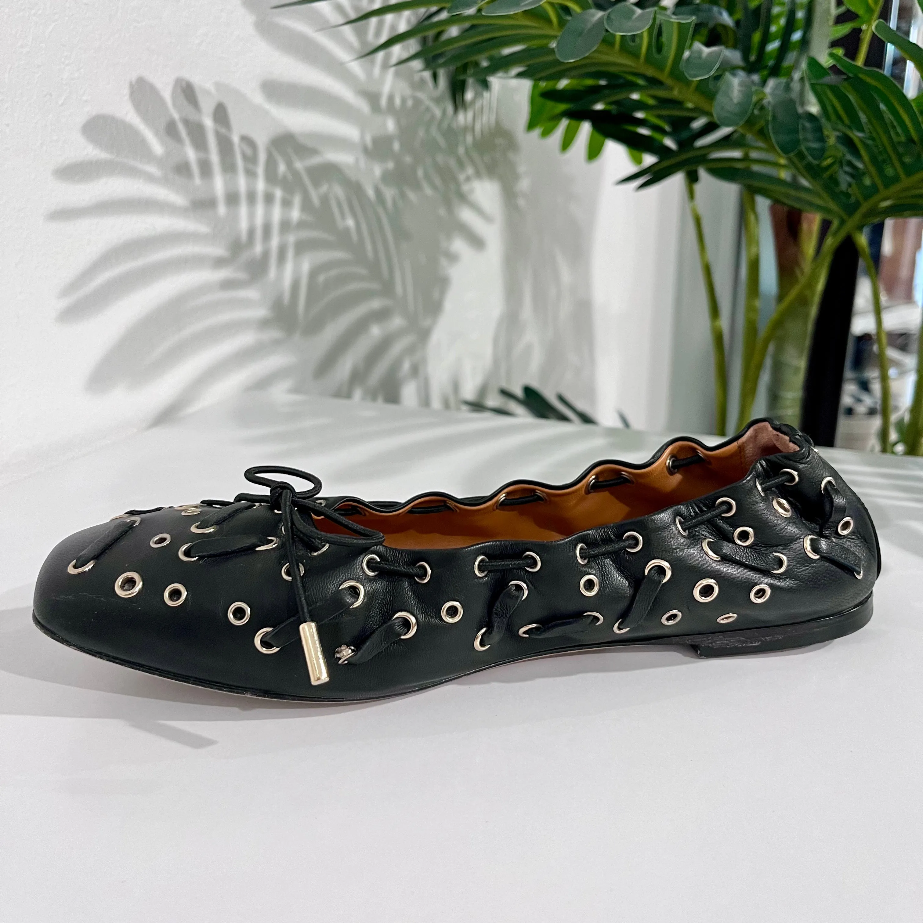 Chloe Grommet Black Leather Ballet Flats