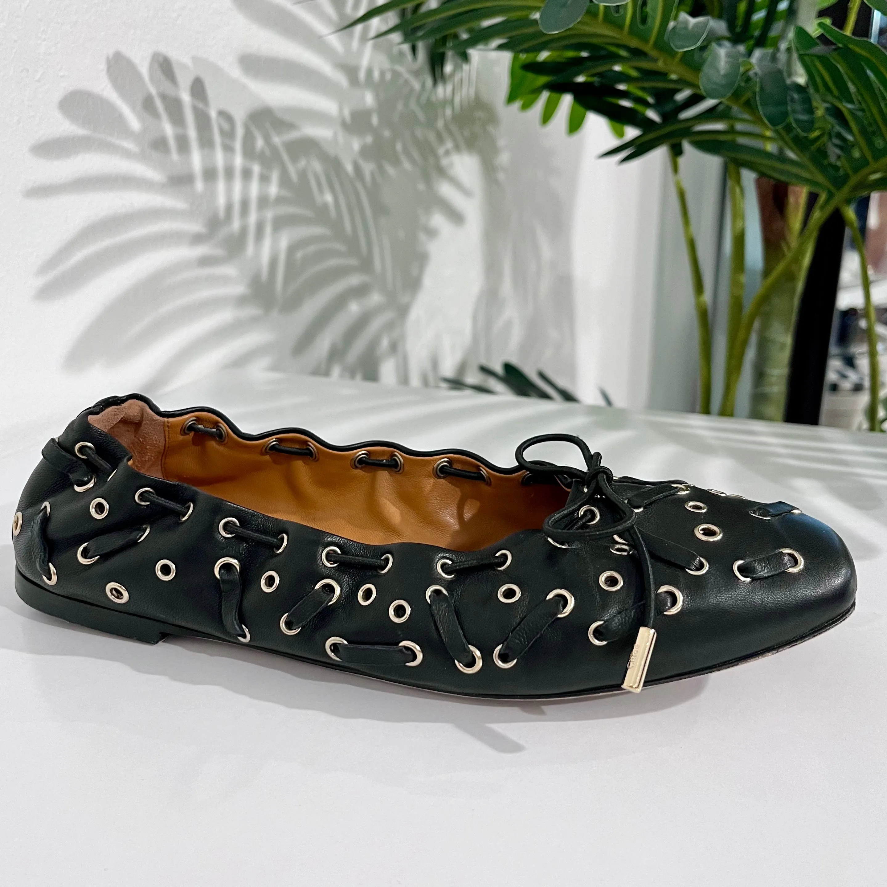 Chloe Grommet Black Leather Ballet Flats