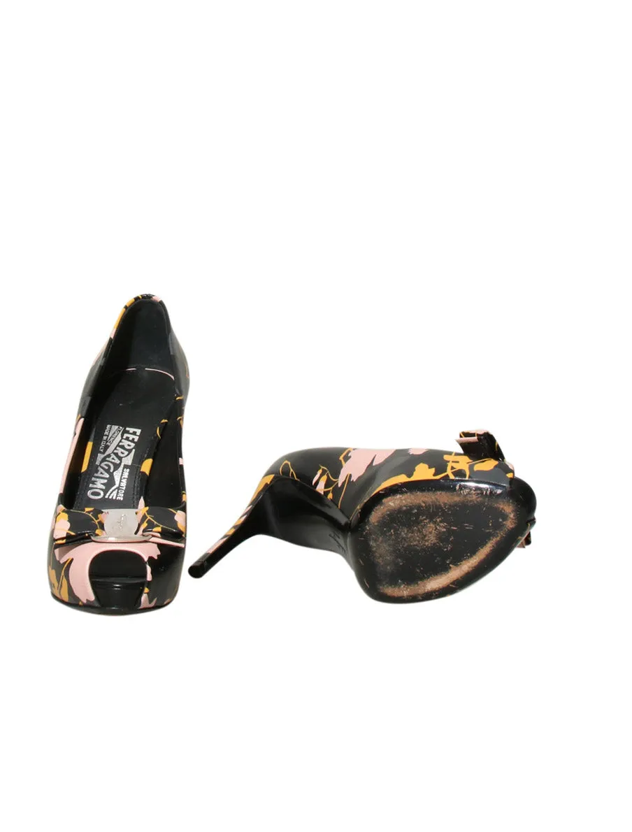 Leather Floral Peep Toe Pumps