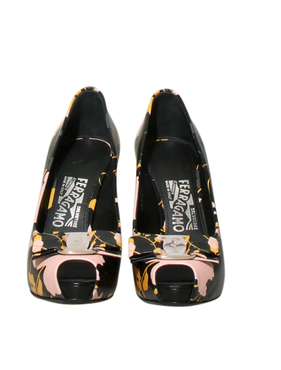 Leather Floral Peep Toe Pumps