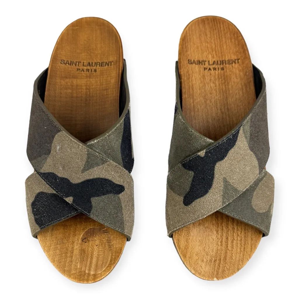 SAINT LAURENT Camo Slide Sandals in Green | Size 38