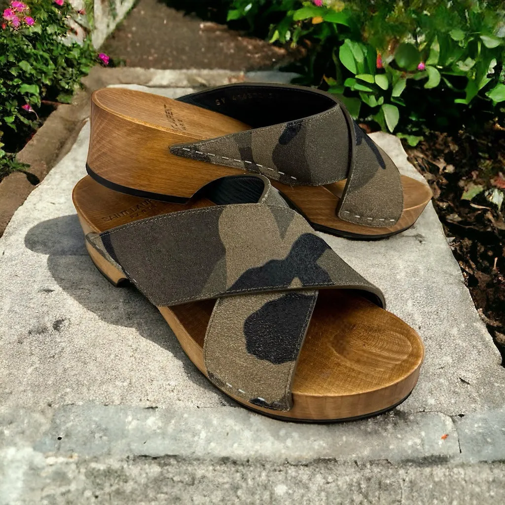 SAINT LAURENT Camo Slide Sandals in Green | Size 38